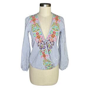 ANTHROPOLOGIE Artemis Embroidered Blouse Surplice V-Neck Women's Size Small